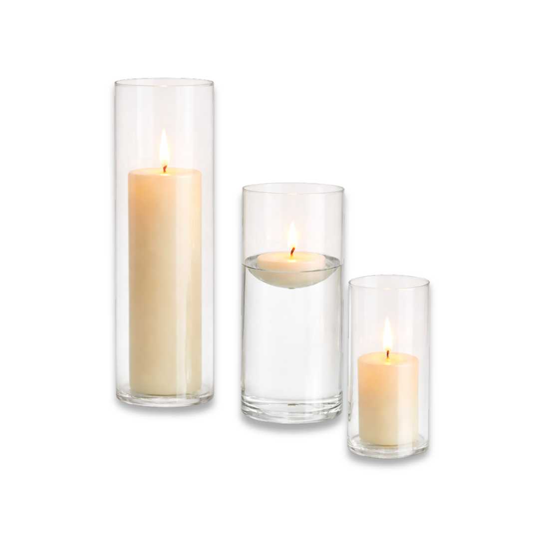 DE-JA-CIL Zylindrische Glasvasen mit Kerzen – 3er-Set 15x6 cm.