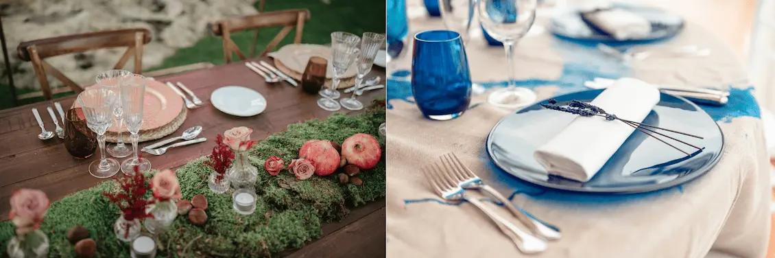 Dos mesas de banquete decoradas con estilos únicos. 
A la izquierda, una mesa rústica con mantel de madera, decoración de musgo, granadas, rosas y velas en pequeños frascos de vidrio, con copas de cristal y sillas de madera. 
A la derecha, una mesa con temática marina, con platos azules, servilletas blancas decoradas con lavanda, copas y vasos de cristal azul sobre un mantel beige con detalles pintados en azul que simulan olas del mar.