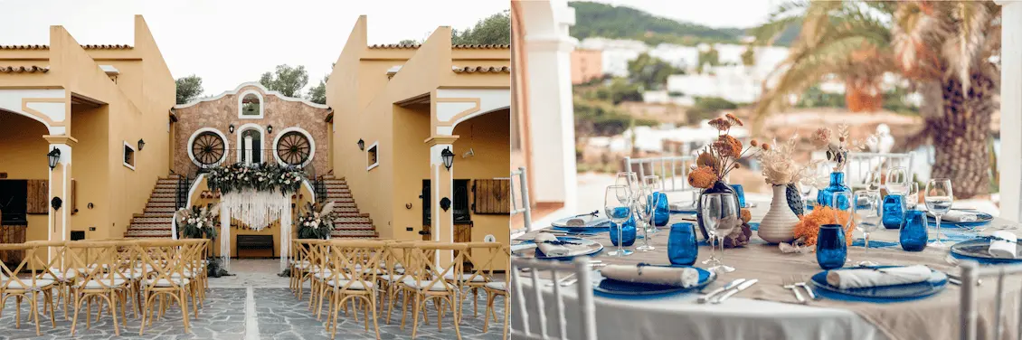 Ceremonia en un patio rústico con sillas de madera y decoración boho en tonos neutros. Mesa al aire libre con vajilla azul, detalles en beige y centro de mesa con flores secas.