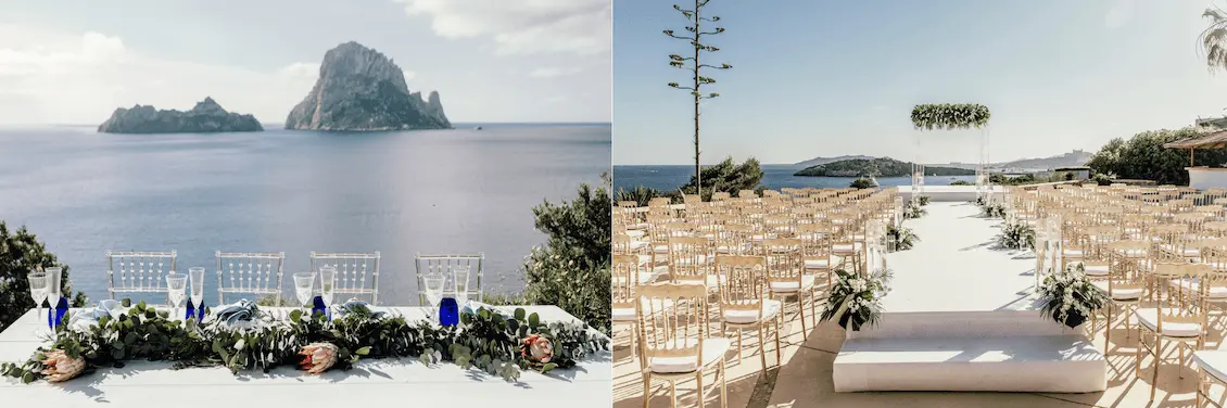 Mesa nupcial con vista al mar, decorada con follaje y detalles en azul. Ceremonia al aire libre con altar minimalista y sillas doradas, rodeada de paisaje costero.